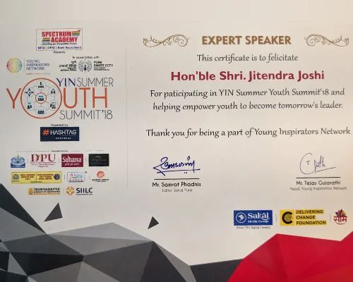This Certificate is to felicitate to Hon'ble Shri. Jitendra Joshi, helping empower youth to become tomorrow's leader.