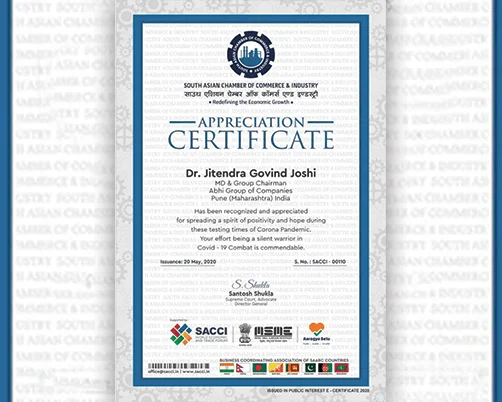 certificate of appreciation from the South Asian Chamber of Commerce