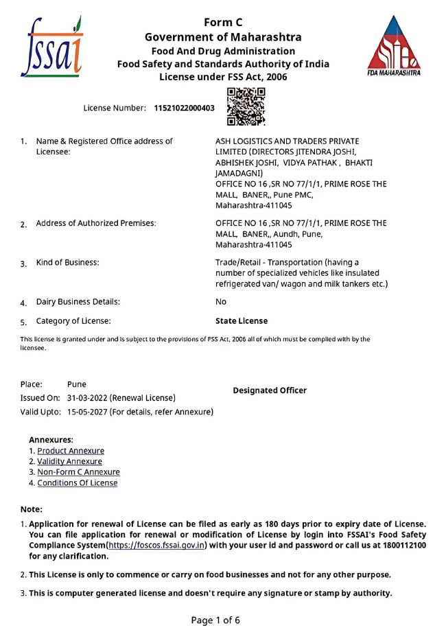 FSSAI License Ash Logistics and Traders Pvt Ltd - Maharashtra FDA Registration