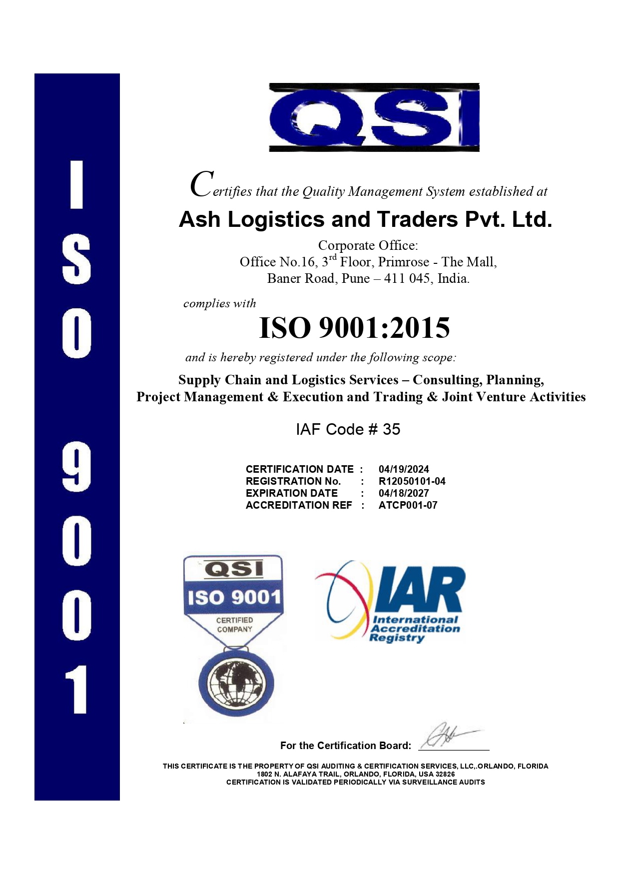 ISO 9001:2015 Certification for Ash Logistics and Traders Pvt. Ltd. - Supply Chain & Logistics Services