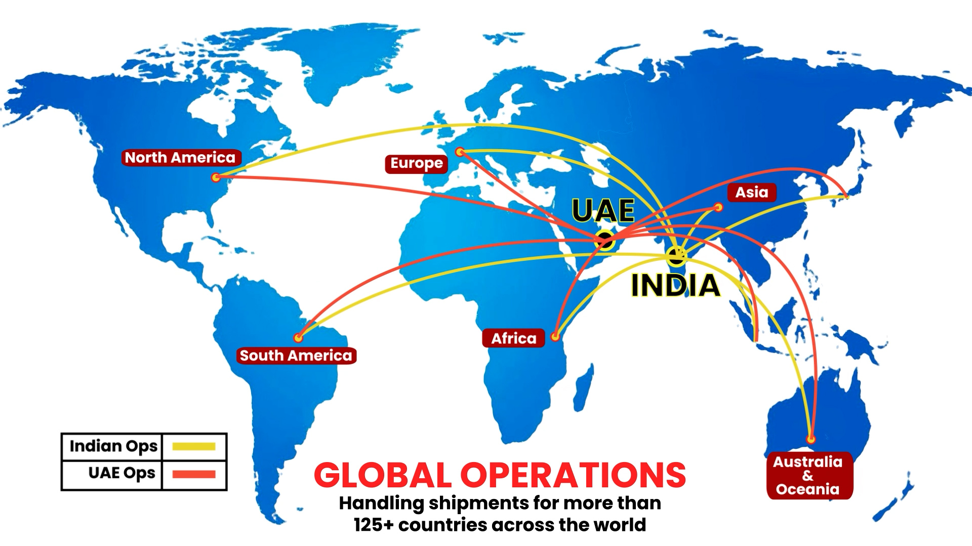 ASH Logistics global presence map showcasing shipping and logistics routes from India and UAE to 125+ countries across continents.