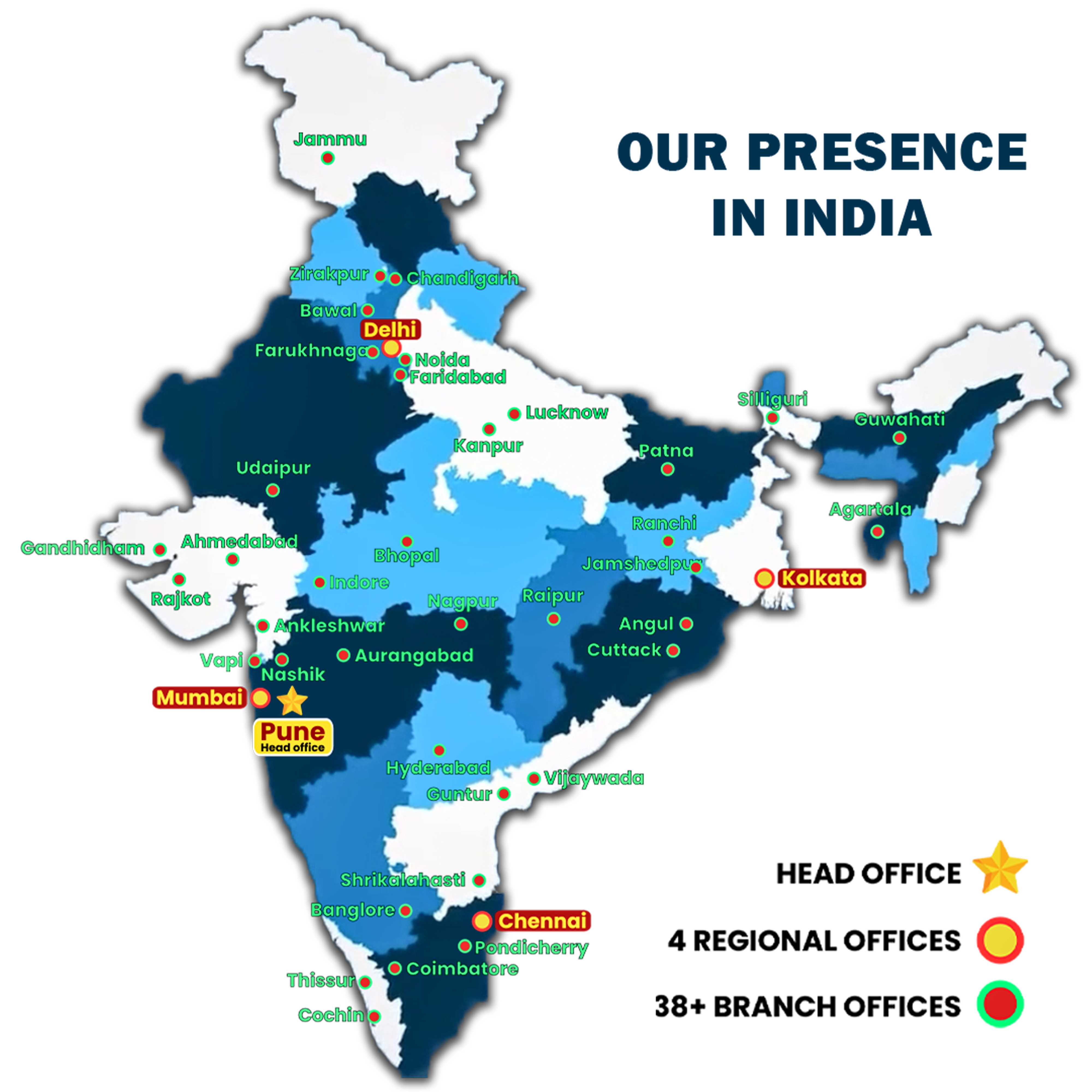 Map of India showcasing ASH Logistics' presence with head office, regional offices, and 38+ branch offices.