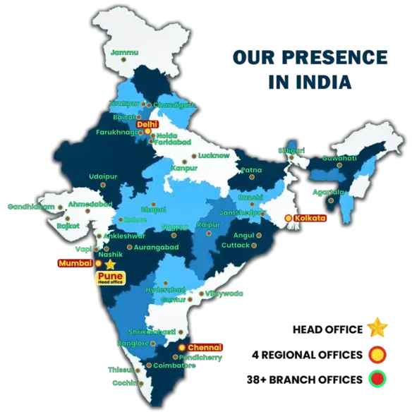 Map of India showcasing ASH Logistics' presence with head office, regional offices, and 38+ branch offices.